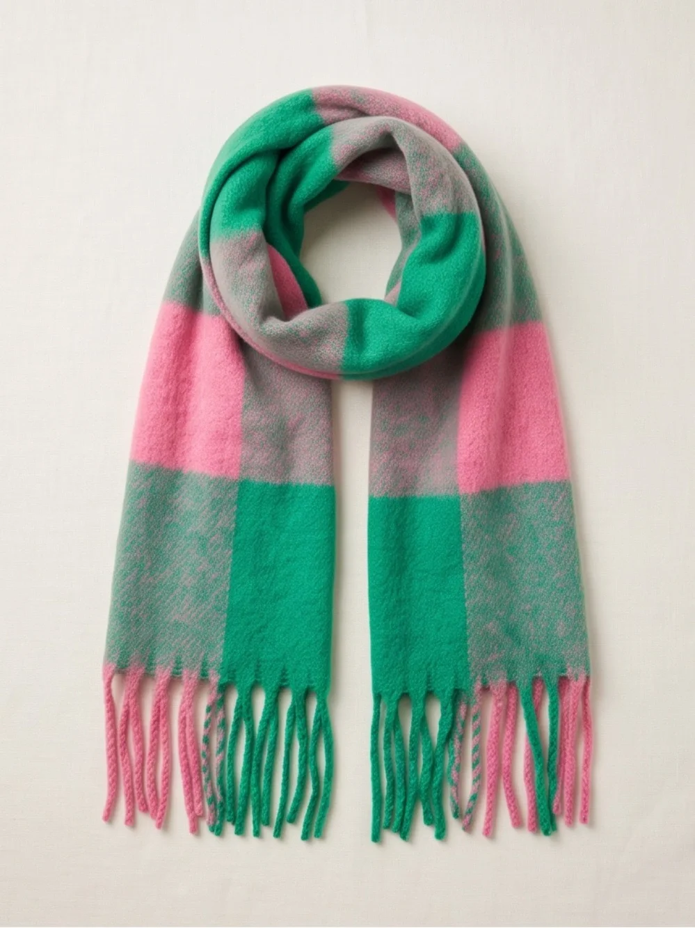 Plaid Fringe Scarf in Pink and Green